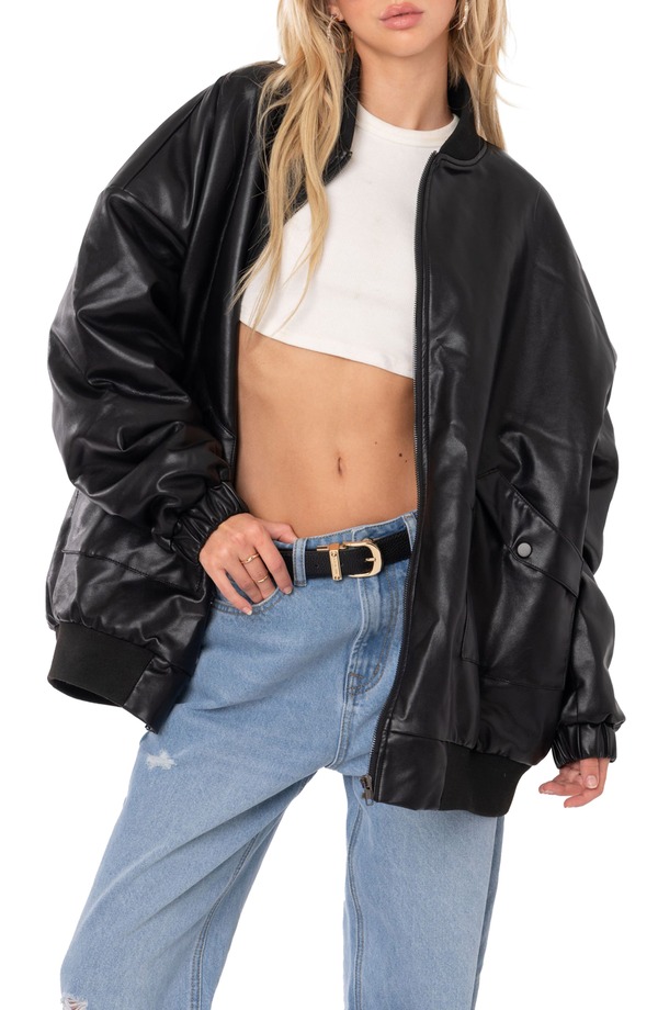 アディクテッド レディース アウター 上衣・上衣 なめし革 フェイクレザー EDIKTED Oversize Faux Leather Bomber Jacket Black 黒いこと