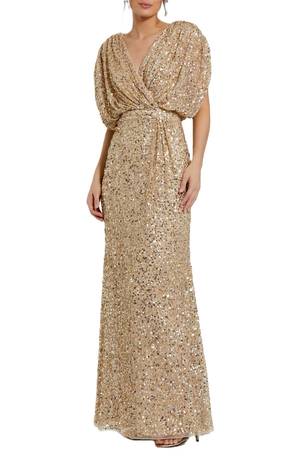 マックダガル レディース トップス 衣裳 Vのど首 ドレープ Mac Duggal Draped Sleeve V Neck Gownude Gold ゴールド