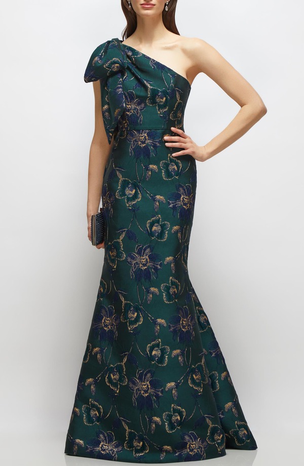 アルフレッド レディース トップス ワンピース フラワー柄 ワンショルダー トール フラワー Alfred Sung One-Shoulder Metallic Floral Jacquard Trumpet Gown Evergreen Floral メタリック｜ReVida 店