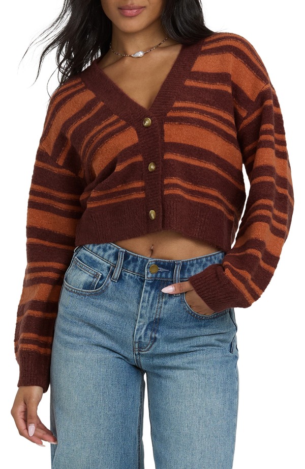 散らし広告ボン レディース アウター パーカー・スウェット ジレー Billabong Something About It Stripe Crop Cardigan Pinkie 縞模様