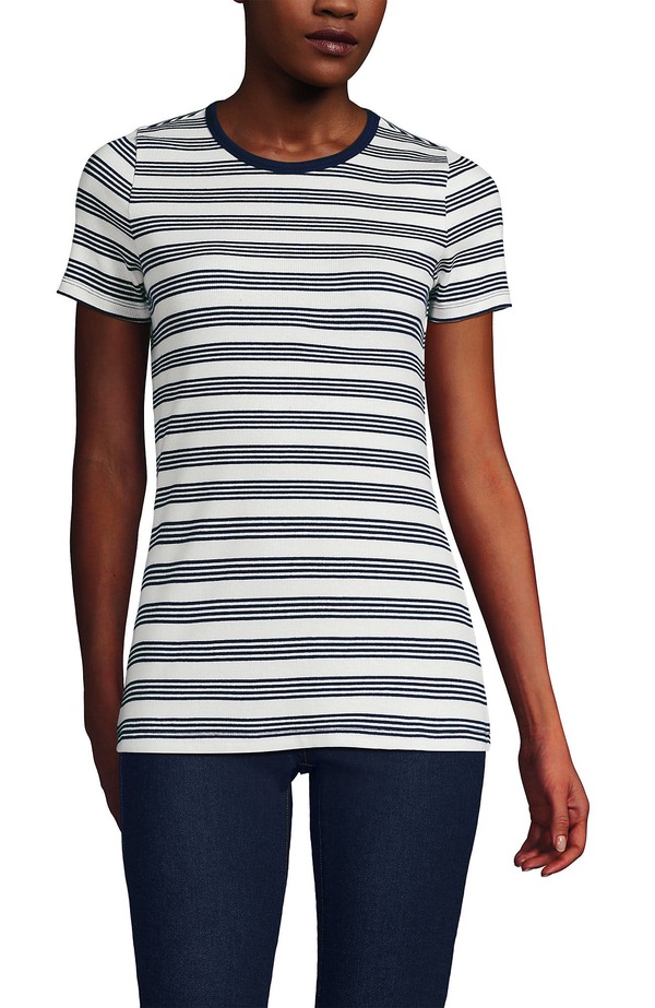 ランズエンド レディース トップス シャツ コットン Lands' End Cotton Rib T-shirt Ivory/Deep Sea Quad Stripe アイボリー｜ReVida 店 8,840円