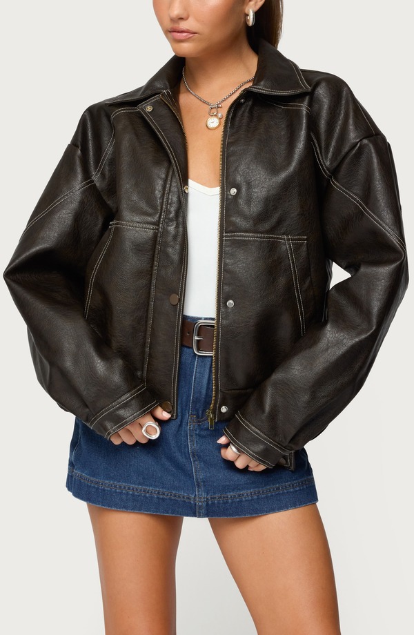 アディクテッド レディース アウター 上衣・上衣 なめし革 フェイクレザー EDIKTED Jaxson Oversize Faux Leather Jacket Dark-Brown 赤銅色