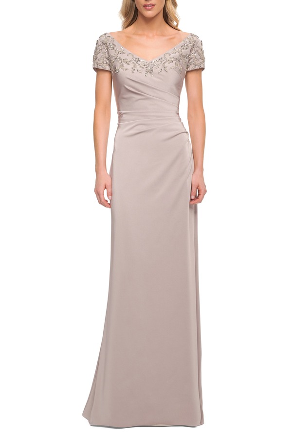 ラフェム レディース トップス 衣装 La Femme Short Sleevening Dress with Beaded Neckline Silver しろがね色