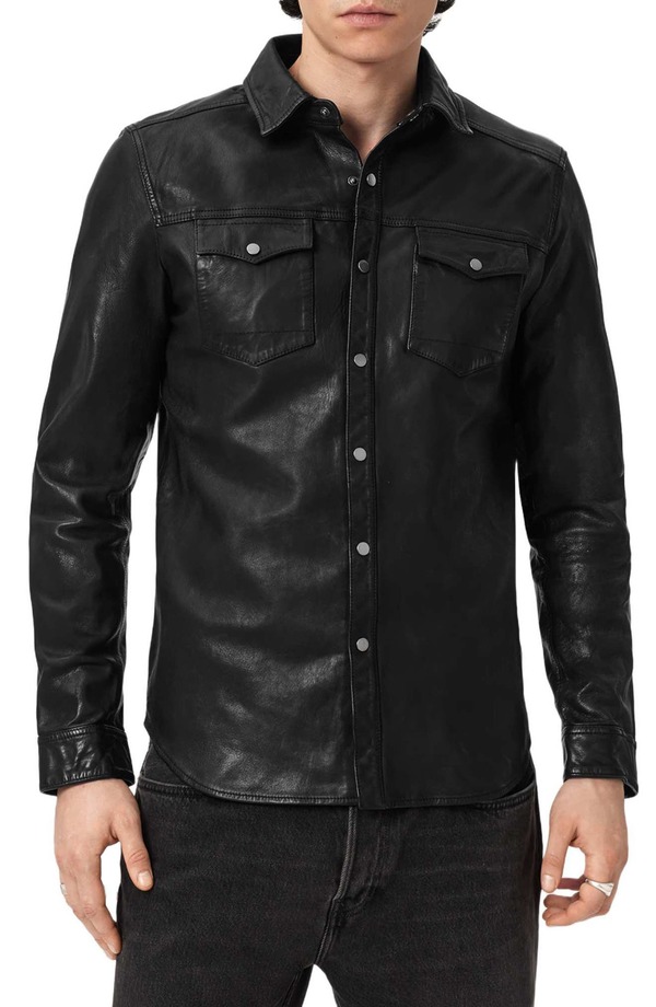 オールセインツ メンズ トップス プルオーバー なめし革 AllSaints Irwin Leather Snap-Up Shirt Black 黒いこと