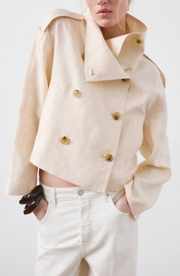 マンゴ レディース アウター 上衣・上衣 照明ランプ素っ首 リネン MANGO Funnel Neck Linen Jacket Ecru エクリュ