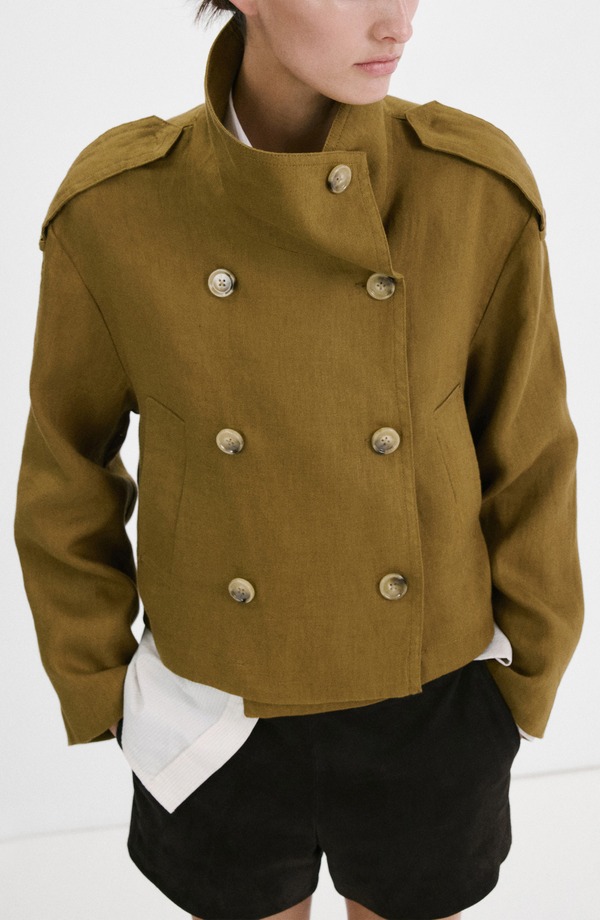 マンゴ レディース アウター 上衣・上衣 照明ランプのど首 リネン MANGO Funnel Neck Linen Jacket Olive Green 緑であること