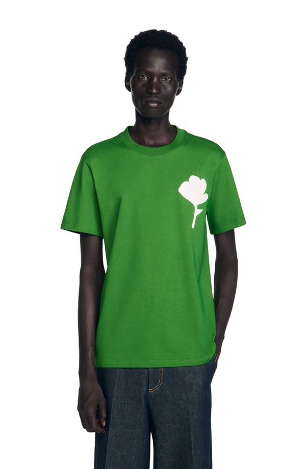 サンドロ メンズ トップス Tシャツ SANDRO T-shirt with flower patch Lime ライム