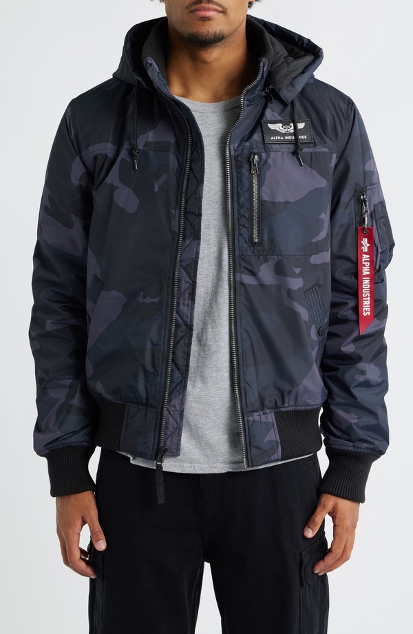アルファインダストリーズ メンズ アウター 上衣・上衣 Alpha Industries Hooded Rib Flight Jacket Black Woodland Camo 黒いこと メンズファッション-コート・ジャケット