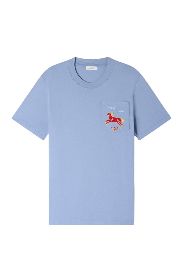 サンドロ メンズ トップス Tシャツ コットン 刺繍 SANDRO Embroidered horse cotton T-shirt Sky Blue ブルー|ReVida 店