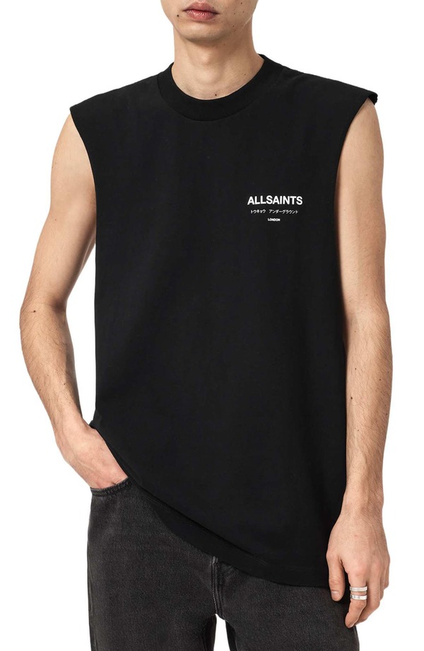 オールセインツ メンズ トップス プルオーバー 労働者の一団のど首 ノースリーブ グラフィック AllSaints Underground Sleeveless Crewneck Graphic T-Shirt Jet Black 黒いこと