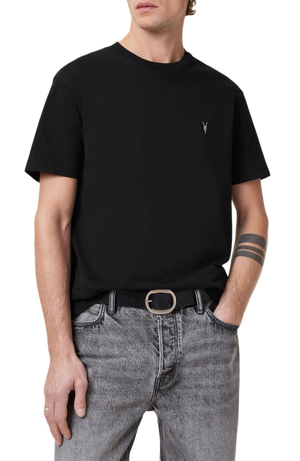オールセインツ メンズ トップス ティーシャツ 刺しゅう ロゴタイプ AllSaints Dexter Logo Embroidered T-Shirt Jet Black 黒いこと