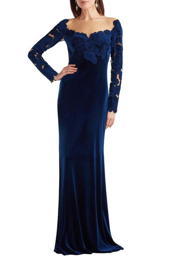タダシショージ レディース トップス 衣装 天鵝絨 Tadashi Shoji Appliqu Illusion Stretch Velvet Mermaid Gownavy 米国海軍
