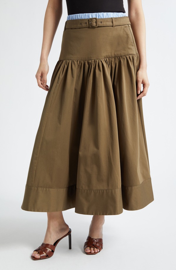 サンク セプト レディース 下つ方スコート 綿織物 マキシ Cinq Sept Peri Stretch Cotton Maxi Skirt Dark Olive/Blue Stripe 青碧