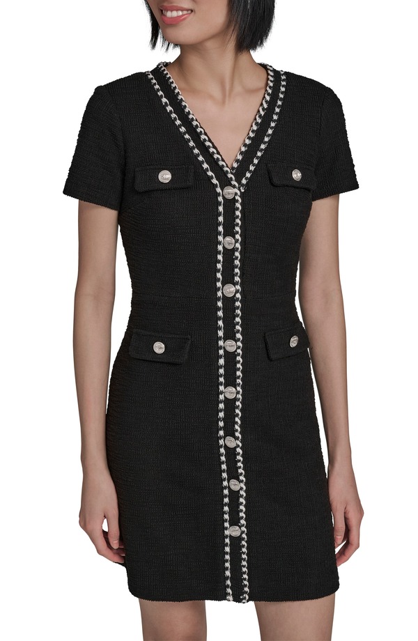 長い巻き毛 ラガーフェルド レディース トップス 衣装 ツィード KARLAGERFELD Braided Trim Tweed Sheath Dress Black 黒いこと