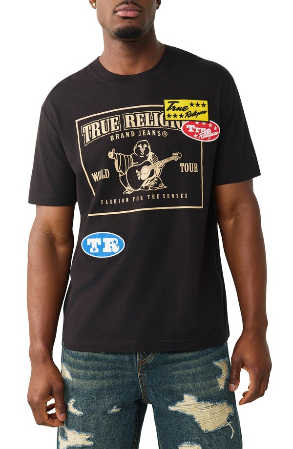 トゥルーレリジョン メンズ トップス ティーシャツ ロゴタイプ グラフィック True Religion Logo Patch Graphic T-Shirt Jet Black 黒いこと