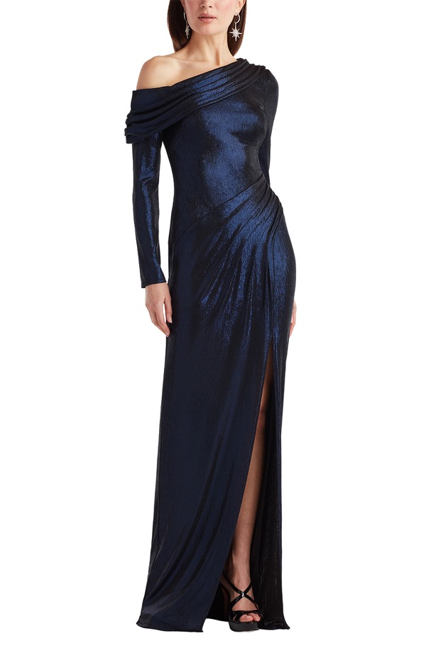タダシショージ レディース トップス 衣裳 一肩肉 トール Tadashi Shoji Metallic One-Shoulder Long Sleeve Gown Royal Navy 米国海軍