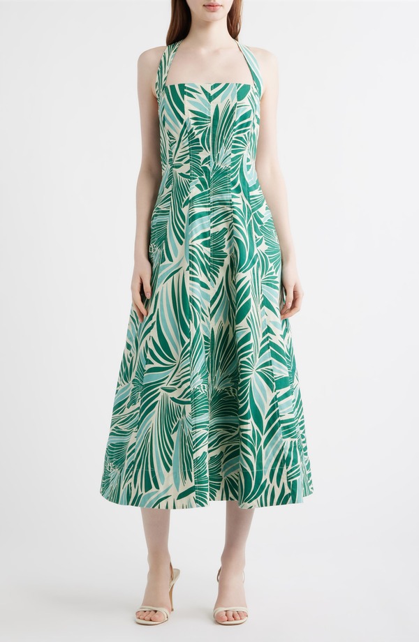ヴィンスカムート レディース ボトムス 心地好いズボン下 刷り上げる 綿織物 Vince Camuto Leaf Print Cotton Poplin Dress Green Mult 緑であること