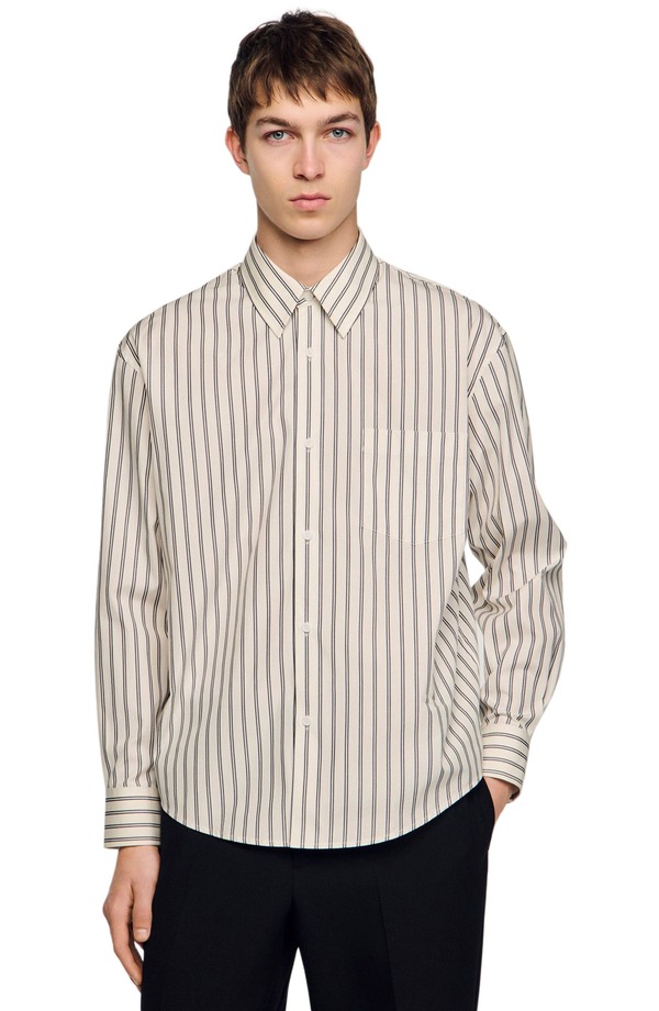 沙子ロ メンズ トップス プルオーバー 綿織物 SANDRO Striped cotton shirt White / Navy 白いこと
