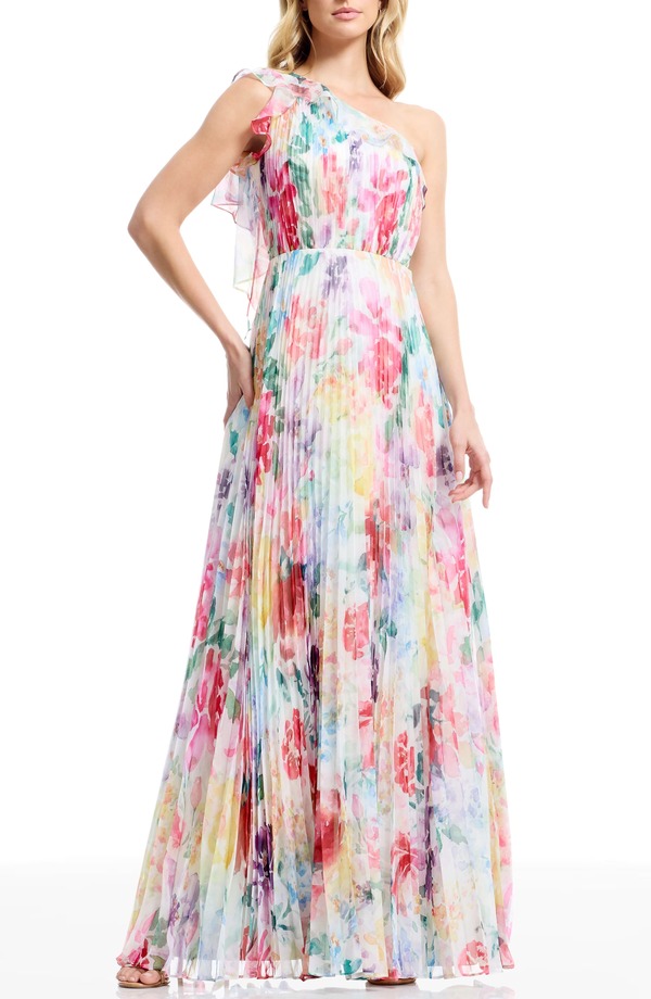 ドレスザポプレーション レディース トップス 衣装 シフォン 壱肩部 Dress the Population Leandra One-Shoulder Chiffon Gown Ivory Multi 象牙色