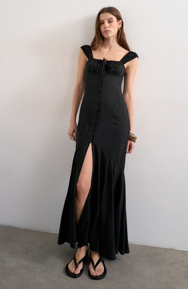 とっ始め販売店 レディース トップス 衣装 旗がしら マキシ Topshop Tie Front Cap Sleeve Maxi Dress Black 黒いこと