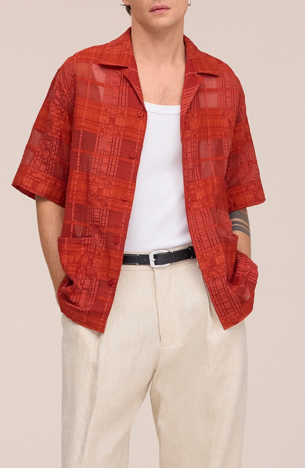 NN07 メンズ トップス プルオーバー NN07 Ben 50066 Textured Short Sleeve Button-Up Shirt Sienna Heat