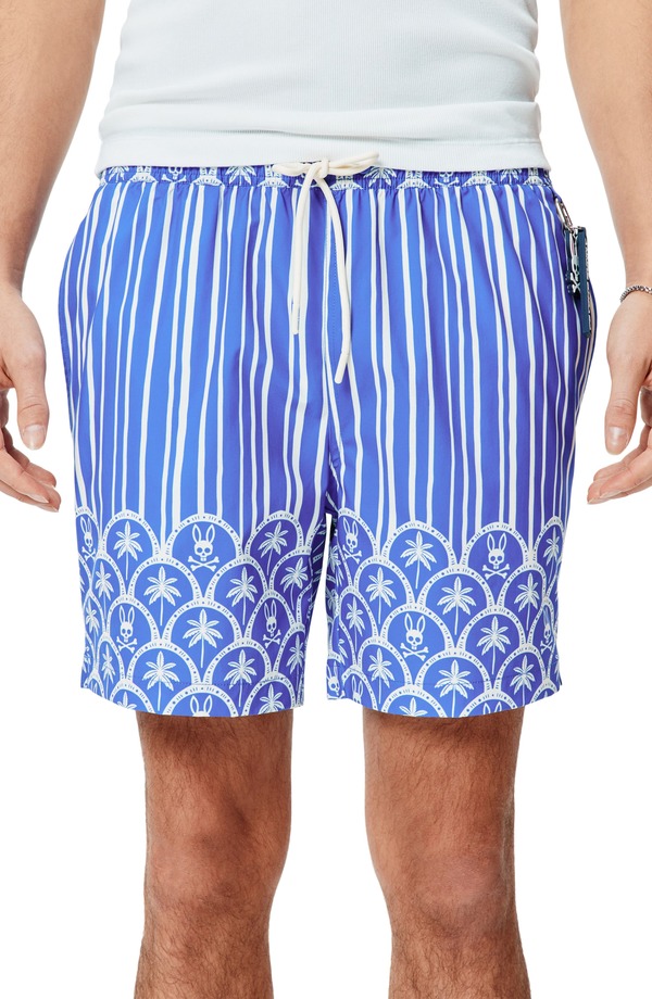サイコバニー メンズ 海水着 二分の一ズボン下・さる股引き 刷り上げる Psycho Bunny Brad Palm Tree \u0026 Bunny Print 6-Inch Swim Trunks Amparo Blue 青碧