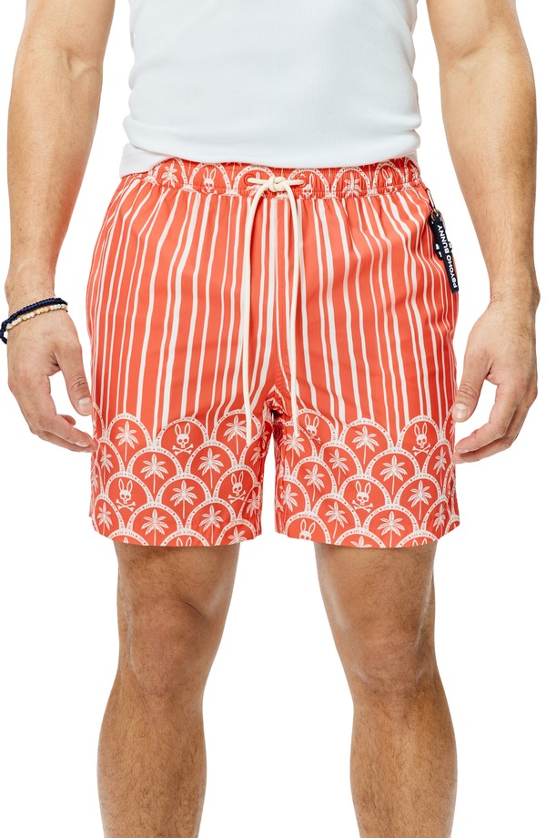 サイコバニー メンズ 海水着 二分の一ズボン下・さる股引き 刷り上げる Psycho Bunny Brad Palm Tree \u0026 Bunny Print 6-Inch Swim Trunks Emberglow