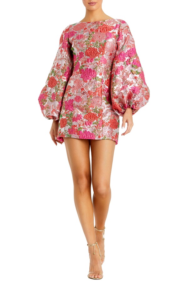 マックダガル レディース トップス 衣装 軽気球捩り 御花柄 ミニ 御花 Mac Duggal Women ’ s Floral Brocade Balloon Sleeve Mini Dress Pink Multi サクラ色