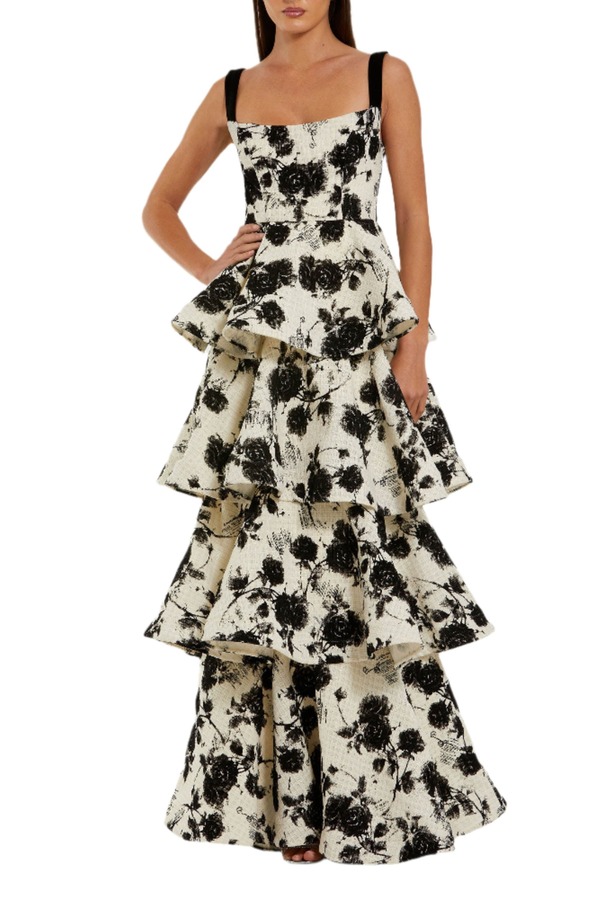 マックダガル レディース トップス 衣裳 ティアード お花柄 フラウンス お花 Mac Duggal Floral Boucle Tiered Ruffle Gown Black Ivory 象牙色