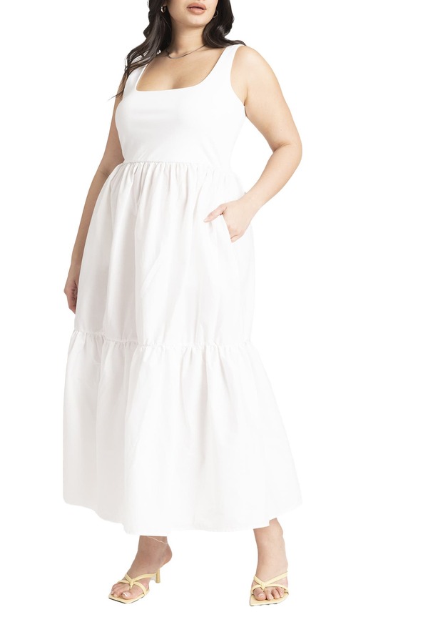 エロクイ レディース トップス 衣装 ELOQUII Mixed Fabric Tank Dress White 白いこと