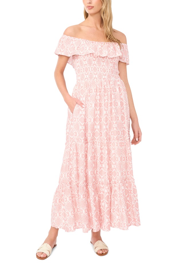 ヴィンスカムート レディース トップス 衣装 ティアード フラウンス シャーリング Vince Camuto Ruffle Off the Shoulder Smocked Bodice Tiered Sundress Rose Hip