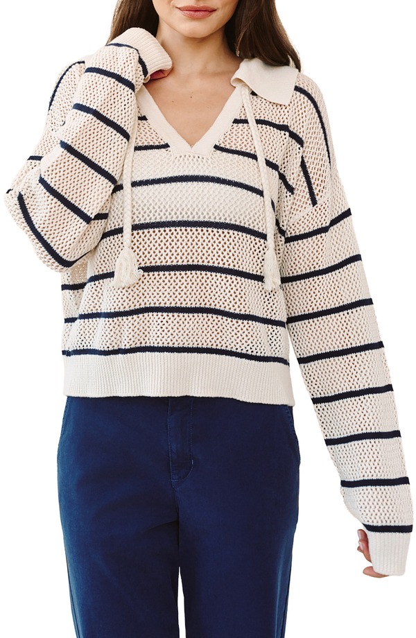 ベラダール レディース アウター パーカー・スウェット メッシュ スウェーター 綿織物 Bella Dahl Tassel Tie Cotton Mesh Stitch Sweater Ink Stripe 縞模様
