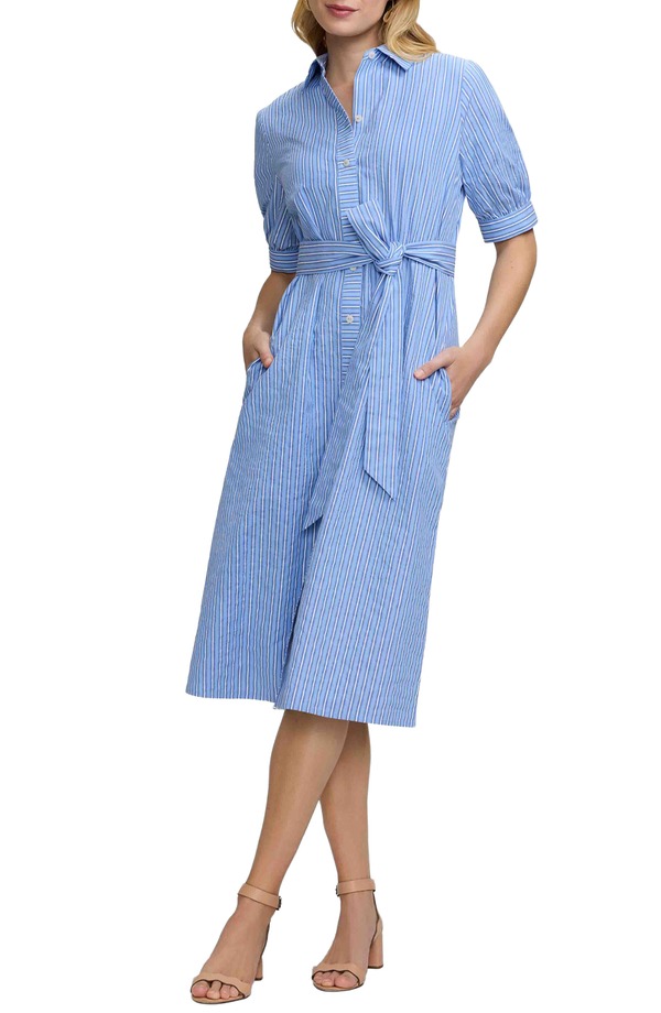 狐狸手工芸品 レディース トップス 衣装 プルオーバー 綿織物 Foxcroft Esther Belted Stripe Cotton Shirtdress Blue Multi 青色