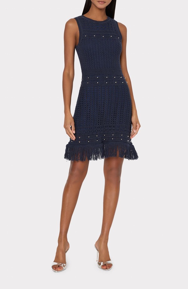 ミリー レディース トップス 衣裳 ミニ ノースリーブ 編み物 フリンジ Milly Beaded Fringe Sleeveless Knit Minidress Navy 米国海軍