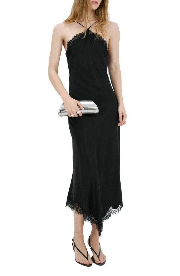 マンゴ レディース トップス 衣装 繻子 ノースリーブ スピード競技 マキシ MANGO Lace Sleevelessatin Maxi Dress Black 黒いこと