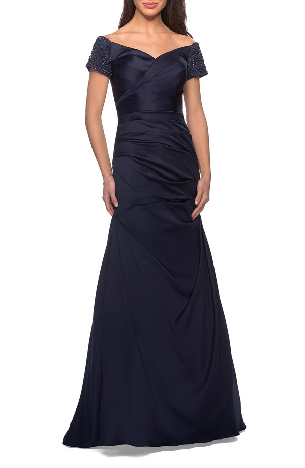 ラフェム レディース トップス 衣裳 繻子 La Femme Satin Off the Shoulder Dress with Beaded Sleeves Navy 米国海軍