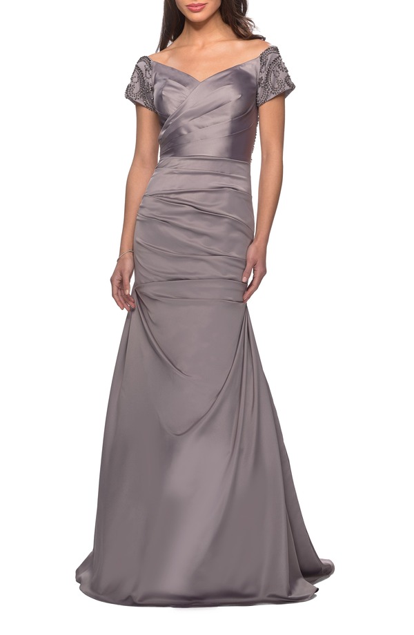 ラフェム レディース トップス 衣裳 繻子 La Femme Satin Off the Shoulder Dress with Beaded Sleevesilver しろがね色