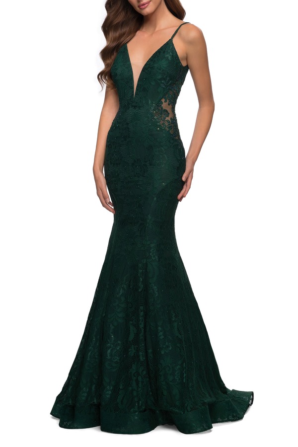 ラフェム レディース トップス ワンピース レース La Femme Long Mermaid Lace Dress with Back Rhinestone Detail Emerald エメラルド｜ReVida 店