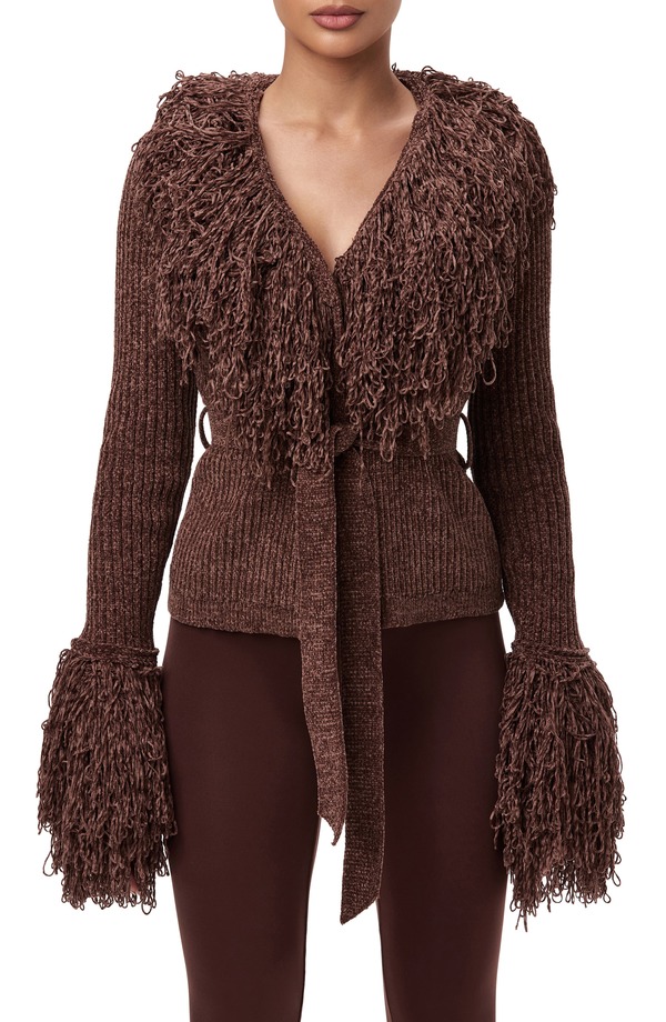 ネイキッドワードローブ レディース アウター ジレー フリンジ Naked Wardrobe Fringe Tie Waist Chenille Cardigan Dark Chocolate 黒茶