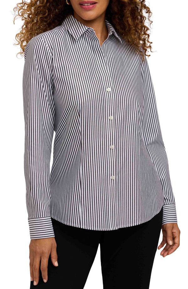 フォックスクラフト レディース トップス シャツ コットン Foxcroft Dianna Stripe Cotton Button-Up Shirt Black/ White ホワイト｜ReVida 店