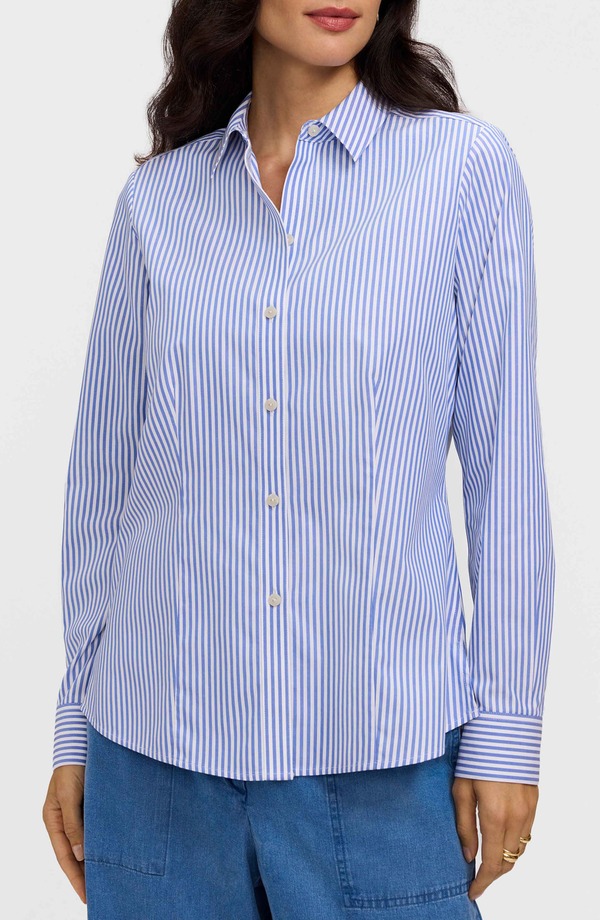 フォックスクラフト レディース トップス シャツ コットン Foxcroft Dianna Stripe Cotton Button-Up Shirt Powder Blue/ White ホワイト|ReVida 店