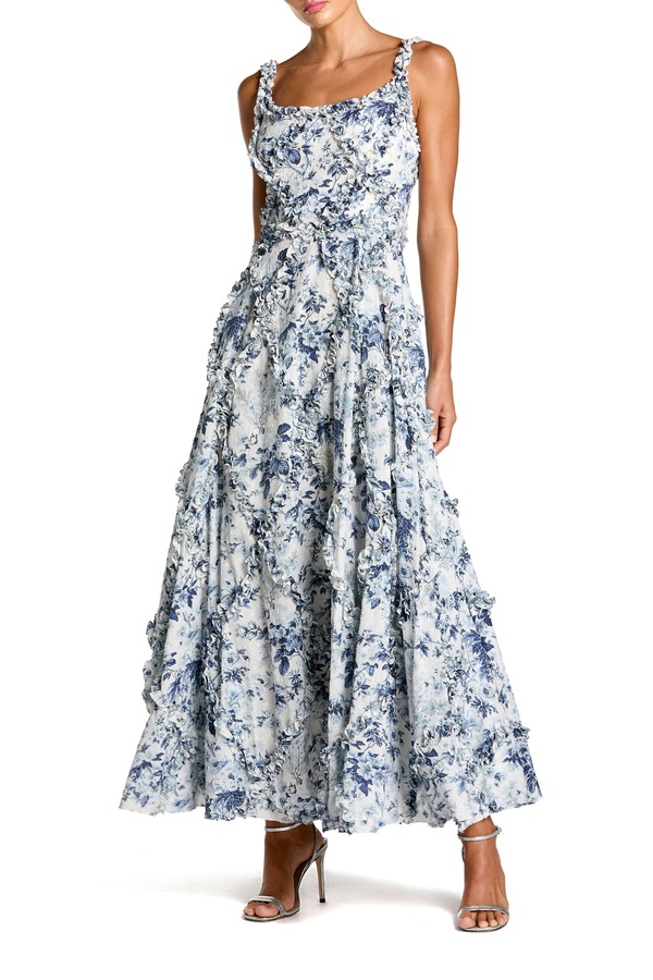 マックダガル レディース トップス 衣裳 A 伝達ルート 御花柄 フラウンス 御花 Mac Duggal Ruffle Scoop Neck Floral A-Line Dress Blue Multi 青碧