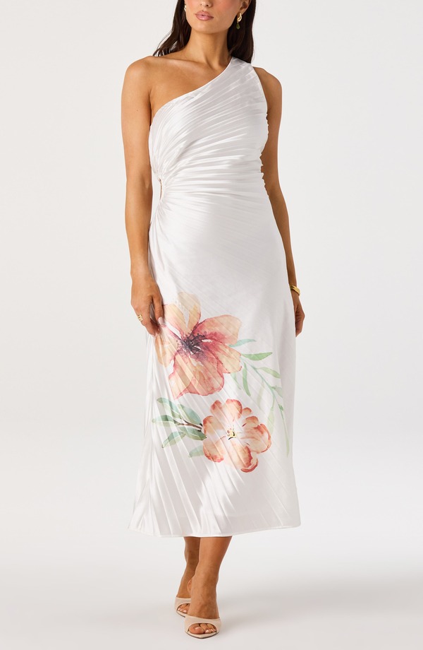 アストール レディース トップス ワンピース プリーツ ミディ ワンショルダー ASTR the Label Cameron Pleated One-Shoulder Midi Dress White Orange Floral ホワイト｜ReVida 店