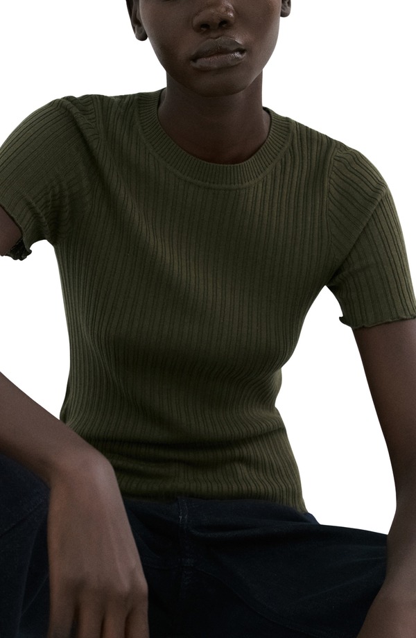 マンゴ レディース トップス シャツ コットン MANGO Cotton Blend Rib T-Shirt Khaki Green グリーン|ReVida 店