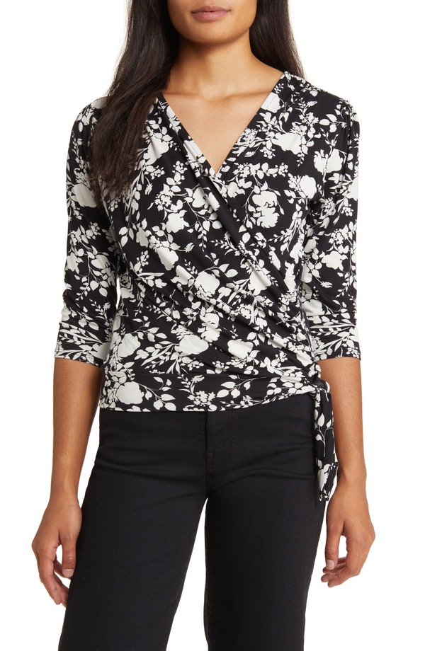 ラブアペラ レディース トップス プルオーバー Loveappella Faux Tie Wrap Top Black/ Ivory 象牙色