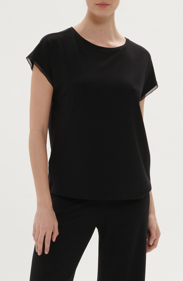 シモーヌペレール レディース トップス プルオーバー スピード競技刈り込み スピード競技 Simone Perele Aurore Lace Trim Pajama T-Shirt Black 黒いこと