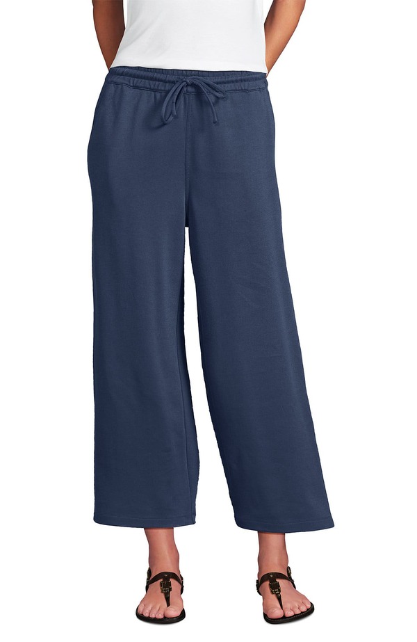 ランズ挙げ句の果て レディース ボトムス レギンス ワイドレッグ ズボン下 編み物 Lands\u0027 End Sport Knit Pull On Drawstring Wide Leg Cropants Nightfall Blue 青色