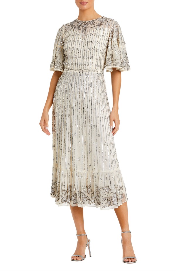 マックダガル レディース トップス 衣装 MIDI Mac Duggal Embellished Flounce Sleeve Midi Dress Nude Silver しろがね色