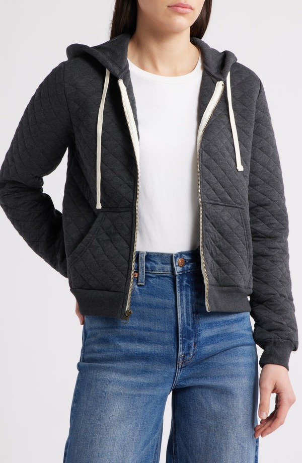 米国海兵隊員 度合い レディース アウター パーカー・スウェット キルティング Marine Layer Corbet Quilted Zip-Up Hoodie Dark Heather Grey 薄墨色