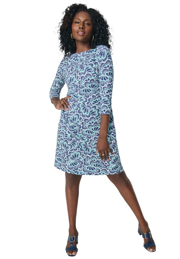 ジェシカ英国の首都 レディース トップス 衣裳 綿織物 Jessica London Stretch Cotton Boatneck Shift Dress Blue Ornate Scroll 青碧